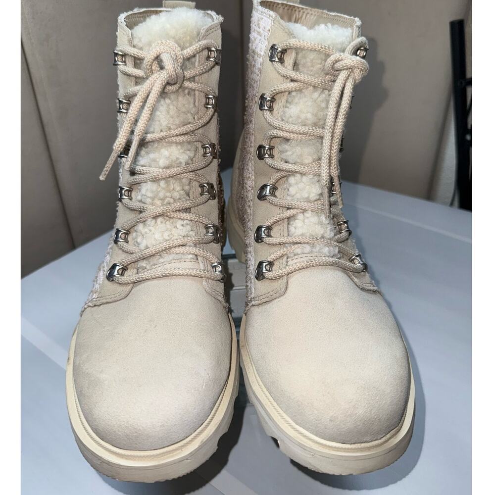 SOREL Lennox Cozy Moto Boots Sz 10.5 Shearling Lined Beige Suede Tweed Combat - Picture 4 of 9